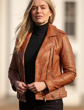 Womens 'Scarlett' Real Biker Jacket - Chestnut - Size 10 Uk - Ashwood Leather - FashionsVida