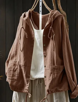 Chaqueta de lino de talla grande cómoda con capucha larga, cordón, manga larga, bolsillos, estilo casual holgado, para vacaciones, club, oficina, co - Shein - FashionsVida