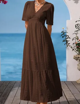 Vestido largo elegante y fresco para mujer, color café, de verano para vacaciones, con cuello en V, mangas abullonadas, textura geométrica, ribete d - Shein - FashionsVida