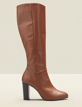 Leather Block Heel Knee High Boots Tan female - Sosandar - FashionsVida