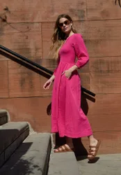 Paulina Shirred Bodice Midi Dress In Pink - 8
