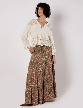 Women's Ditsy Floral Tiered Maxi Skirt in Khaki Size: 10 - Khaki - Size: 10 - Apricot - FashionsVida