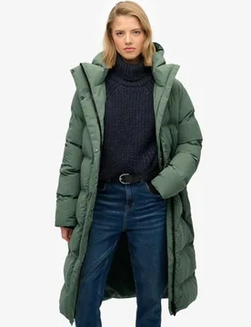 Superdry Women's Lange Pufferjacke mit Kapuze Khaki - Größe: 44 - 199.99 - FashionsVida