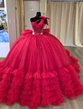 Red Quinceanera Dress off-shoulder Glitter Flower Crystal Decal Lace Layering Long tail Bow vestidos de 15 Quinceanera ﻿Customiz - Aliexpress - FashionsVida