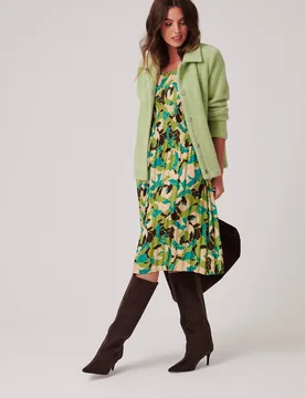 Women's Pleated Floral Printed Dress in Green Size: XL - Green - Size: XL - Klass. - FashionsVida