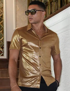 Camisa de moda para fiestas para hombre con botones delanteros de manga corta y brillos, regalo para novio S - Shein - FashionsVida