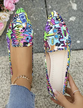 Zapatos planos de mujer con punta puntiaguda y vamp bajo, estampado colorido, nuevos para otoño, para uso diario al aire libre, mocasines de conducir - Shein - FashionsVida