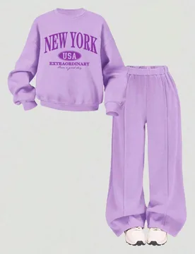 Sudadera de cuello redondo con estampado de letras de dibujos animados y pantalones cargo para niña preadolescente 9Y - Shein - FashionsVida
