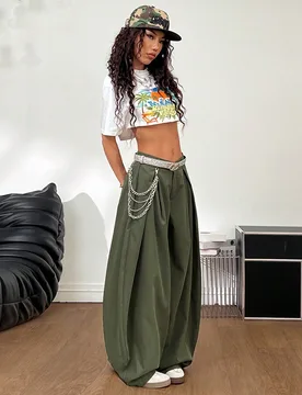 Pantalones oversize de estilo militar verde del ejército vintage y casual de verano para mujer XS - Shein - FashionsVida