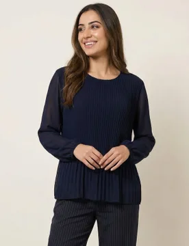 Long Sleeve Pleated Top - M/L / NAVY - female - Blue Vanilla - FashionsVida