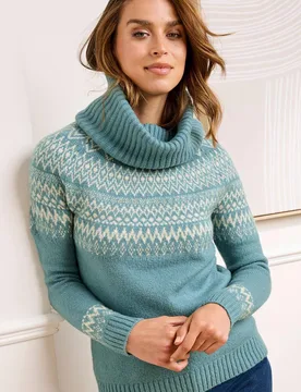 Women's Fair Isle Relaxed Roll Neck Jumper in Duck Egg Blue Size: 18 - Duck Egg Blue - Size: 18 - Cotton Traders - FashionsVida