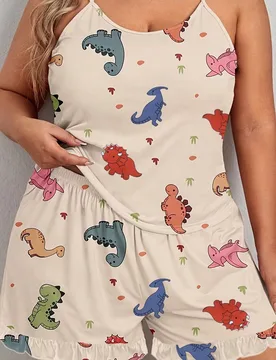 Conjunto de pijama talla grande para mujer Pascua, estampado de dinosaurios de dibujos animados talla grande con top de tirantes de cuello redondo y p - Shein - FashionsVida