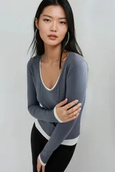 Womens Contrast Binding Long Sleeve Blouse - Charcoal - Size Medium