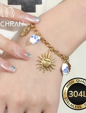 Golden Stainless Steel Sun and Blue Floral Ceramic Charm Bracelet for Women - Aliexpress - FashionsVida
