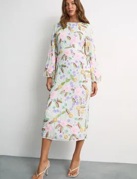 Womens Embellished Long Sleeve Midi Dress - Multicolour - Size 8 Uk - Warehouse - FashionsVida