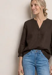 Arm Bluse aus Leinenmix mit Split Neck female Braun