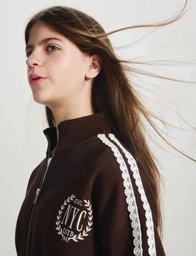 Cotton Rich Lace Trim Zip Through Sweatshirt (6-16 Yrs) Chocolate female - M&S - FashionsVida