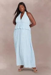 Womens Plus Halter Neck Ruffle Pleated Maxi Dress - Pale Blue - Size 18 Uk
