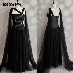 ROSES Black Prom Dresses Lace V-Neck Evening Dresses A-Line Embellished Bodice 프롬드레스 with Pleats Party Dresses Customi