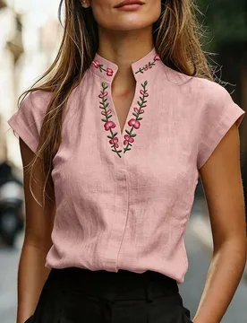 Blusa de mujer de verano vintage con cuello alto bordado y manga corta, top blanco de estilo suave con cuello en V y estampado floral, versátil y fav - Shein - FashionsVida