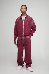 Herren Kastige Strass-Jeansjacke Red Größe Medium