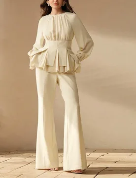 Anewsta Conjunto de 2 piezas con top de gasa con patchwork y cintura ceñida & pantalones casuales de pierna acampanada, elegante rosa para mujeres S - Shein - FashionsVida