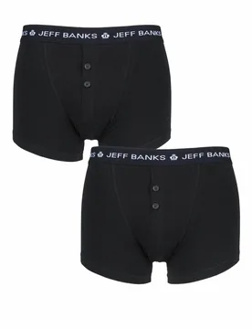 Mens 2 Pack Plymouth Button Cotton Boxer Shorts Black XXXXL - Black - Size: 4X-Large - Jeff Banks - FashionsVida