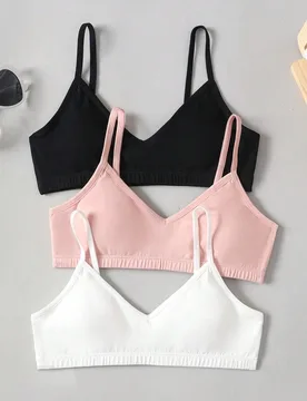 Set de 3 sujetadores tipo camiseta acolchados de unicolor con cuello en V para niñas preadolescentes - Shein - FashionsVida
