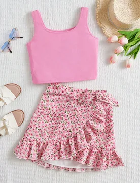 Conjunto de 2 piezas informal y cómodo para niña preadolescente, con top corto de cuello redondo y sin mangas con volantes en el bajo y falda 8Y - Shein - FashionsVida