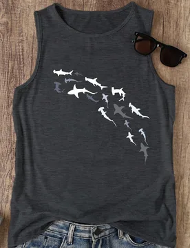 Camiseta de tirantes con estampado de tiburón, casual de talla grande para verano 1XL - Shein - FashionsVida