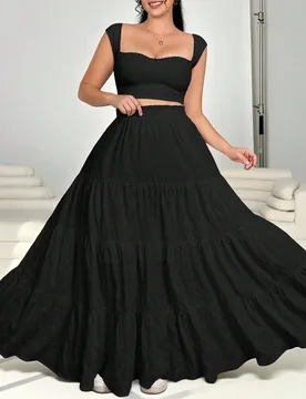 Falda larga con vuelo grande en color negro para mujeres de talla grande 0XL - Shein - FashionsVida