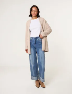 Womens Fluffy Fleece Open Midi Cardigan - Beige - Size Medium/large - Blue Vanilla - FashionsVida