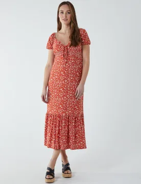 Shirred Milkmaid Sweetheart Midi Dress - 8 / ORANGE PATTERN - female - Blue Vanilla - FashionsVida