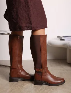 Women's 'Oriana' Faux Leather Knee High Riding Boots With Side Buckle Strap in Brown Size: 5 - Brown - Size: 5 - Where's That From - FashionsVida