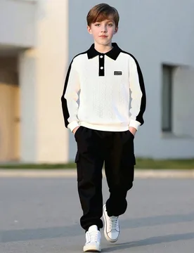 Set de 2 piezas de camisa tipo polo de manga larga con jacquard y pantalón de chándal con bolsillos casuales para niños, cómodo y de moda para oto - Shein - FashionsVida