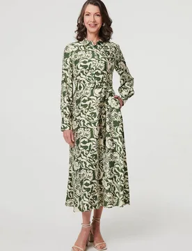 Women's Printed Long Sleeve Shirt Midi Dress in Green Size: 10 - Green - Size: 10 - Izabel London - FashionsVida