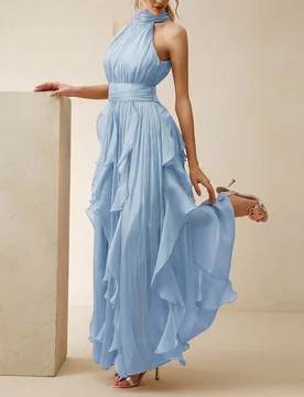 Vestido largo elegante sin mangas con cuello halter y pliegues en la cintura para mujer, vestido acampanado con dobladillo ondulado brillante, color a - Shein - FashionsVida