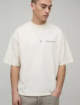 Herren Übergroßes Herren Schwergewicht Verlängerter Ausschnitt Kastenförmiges T-Shirt Ecru Größe Large - boohooMAN - FashionsVida