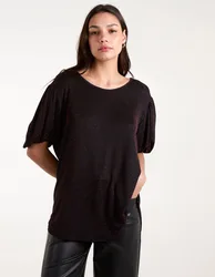 Bubble Sleeve Metallic High Low Top - ONE / BLACK/WINE - female