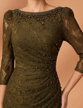 Elegante Lujoso Glamuroso Vestido de Sirena con Apliques de Diamantes y Cuentas, Encaje Elástico, Manga Transparente y Fruncido, Adecuado para Bodas, - Shein - FashionsVida