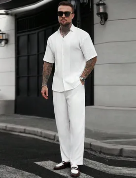 Conjunto de 2 piezas casual blanco de verano para hombre, camisa de manga corta con botones & pantalones, atuendo de unicolor con botonadura sencilla, - Shein - FashionsVida