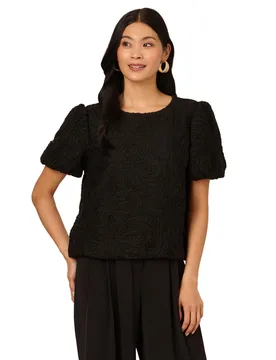Womens Allover Squiggle Embroidery Top With Bubble Sleeves And Hem - Black - Size Small - Adrianna Papell - FashionsVida