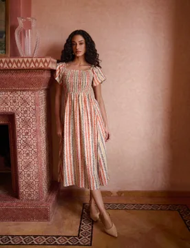 Short Sleeve Shirred Waist Abstract Print Dress - XL / ORANGE PATTERN - female - Blue Vanilla - FashionsVida