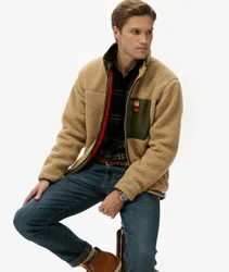 Superdry Herren Logo Abzeichen Vintage Retro Borg Fleecejacke, Braun & Grün, Größe: S