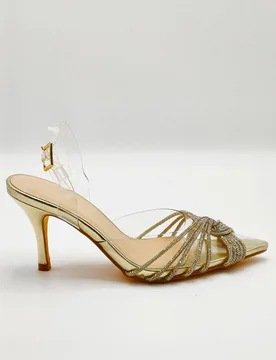 Women's Liz Diamante Embellished Sling Back Perspex Court Shoes in Gold Size: 8 - Gold - Size: 8 - Miss Diva - FashionsVida