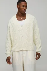 Herren Oversized Boxy Zopfmuster-Strickjacke Ecru Größe Medium