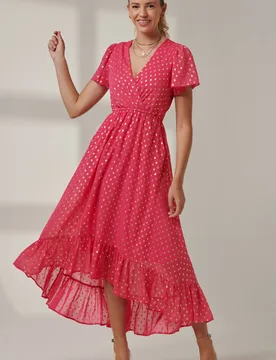 Women's Metallic Effect Angel Sleeve Maxi Dress in Fuchsia Size: 8 - Fuchsia - Size: 8 - Jolie Moi - FashionsVida