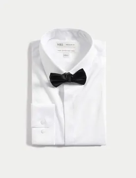 Regular Fit Cotton Dress Shirt with Bow Tie White male - M&S - FashionsVida