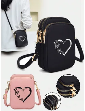 Bolso bandolera compacto de tela Oxford con estampado de mariposas y corazones, con múltiples bolsillos, cremallera dorada, correa ajustable, bolsill - Shein - FashionsVida