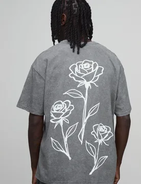 Mens Washed Charcoal Oversized Floral Line Drawn Print T-Shirt Cotton - Size Large - boohooMAN - FashionsVida